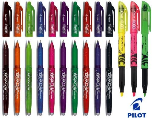 Pilot FriXion Big Pack 13 Pens 10 Rollerball Pens 0.7 with 3 Erasable Highlighter Set BL-FR7 in Practical Gift Case All 10 Different Assorted Colours Including the New Colours Line Thickness 0.4 mm Plus 3 Different Coloured Highlighters FriXion
