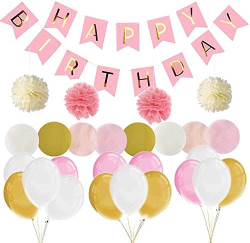 VSTON Party Decoration Balloons Happy Birthday Party Supplies Bunting Banner Tissue Paper Pom Pink Paper Flowers Garland for Girls in Pink Rainbow Paper Garland (Pink）