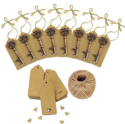 makhry 50 Hochzeit braun Kraftpapier Geschenkanhänger Rechteck Tags mit 50 Vintage Skelett Flaschenöffner 30 Füße natur Jute Bindfäden, Ex-Large - 2
