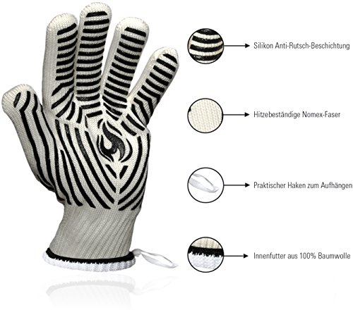 Premium Grillhandschuhe 2er Set weiß beige. Bis zu 500 °C Hitzeschutz. Ofenhandschuhe aus hitzebeständiger Nomex-Faser. Mit rutschfesten Silikonstreifen. - 2