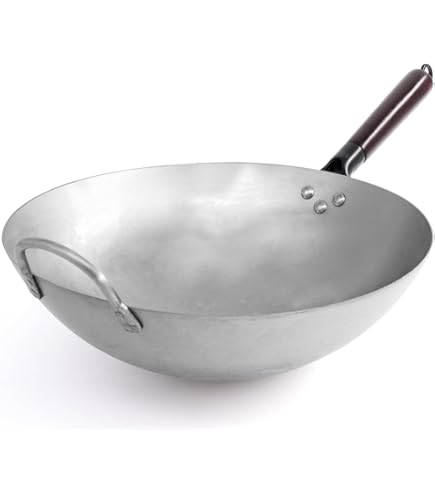 Wok In Acciaio Al Carbonio 35,6 Cm - Battuto A Mano, Con Manico In Legno E Acciaio - Foto 3