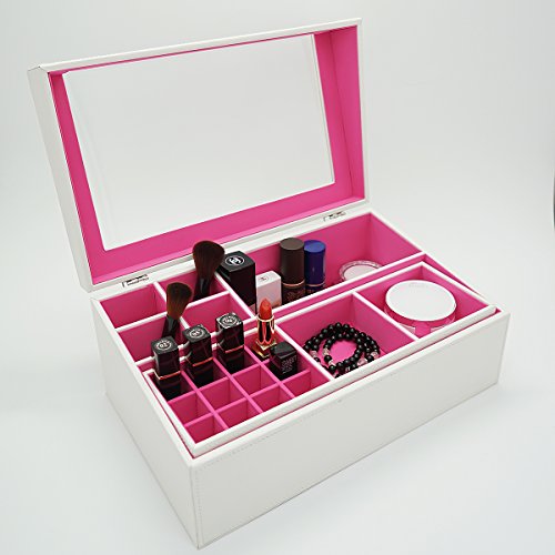 4Queens XXXL Eleganter Holz Leder Kosmetikorganizer Kosmetikbox Kosmetik Ständer Kosmetik Aufbewahrung Schmuckaufbewahrung Schmuckkasten Schminkkasten Schminkbox Schmink Aufbewahrung Makeup Aufbewahrung Makeup Box mit sichtbarem Fenstern LxBxH: 36*22*15cm(Weiß/Rosarot)