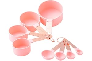 FANGSUES 8 Piece Measuring Cups and Spoon Set - Plastic Measuring Cup and Spoon with Stainless Steel Handle, Measuring Tool for Liquids and Solids Cooking & General Kitchen Use (Pink)