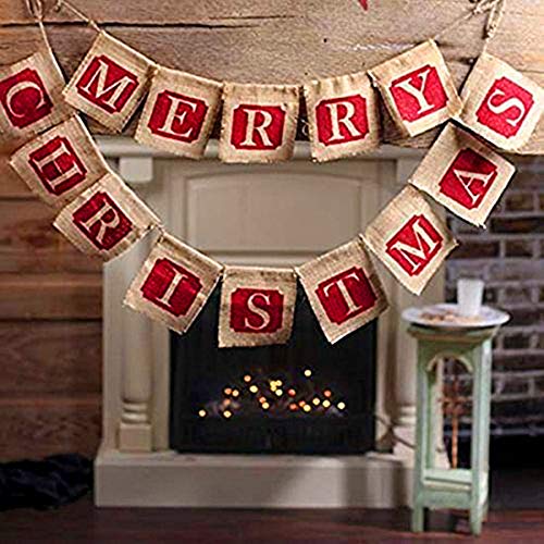 Preisvergleich Produktbild Queta Wimpelkette, Aufschrift Merry Christmas, rustikal, Hochzeit, Party, Banner, Weihnachtsdekoration für Zuhause, 12 x 13 cm