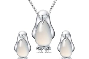 findout Sterling Silver Penguin Opal Pendant Necklace + Earrings Set, with 18 in Curb Chain(1733)