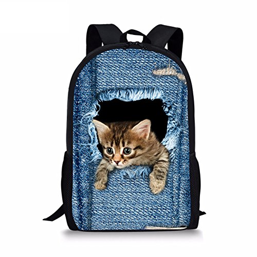 Coloranimal Cute Blue Denim School Bags for Girls Children Cat Backpacks reviews Coloranimal Cute Blue Denim School Bags for Girls Children Cat Backpacks
