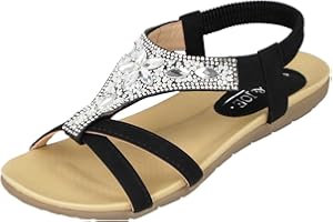 Jo & Joe Ladies Faux Leather Open Toe Sling Back T-Bar Diamante Gem Stone Flat Gladiator Summer Sandals Size 3-8