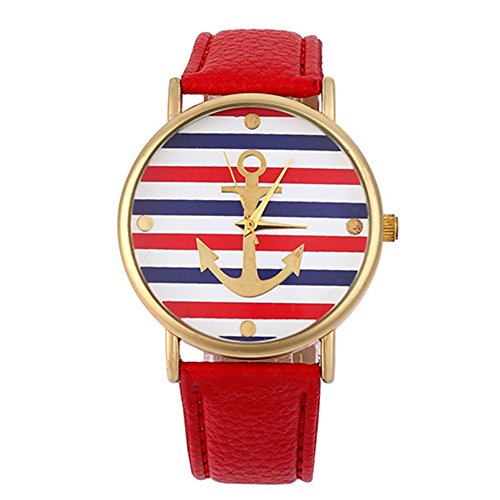 Sanwood Damen gestreift Anker Muster Leder Armband Uhr Armbanduhr (Rot) Sanwood Damen gestreift Anker Muster Leder Armband Uhr Armbanduhr (Rot)