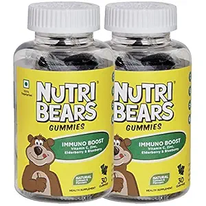 NutriBears Immuno Boost Gummies for Kids and Adults, Vitamin C, E and Zinc with Natural Elderberry and Blueberry, 60 Gummy Chews (Raw Mango Flavour)