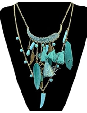 Bronze-Halskette mit mehreren Ketten, Schlüssel und türkisfarbenen Federn, Künstlerstil, auffälliger Schmuck