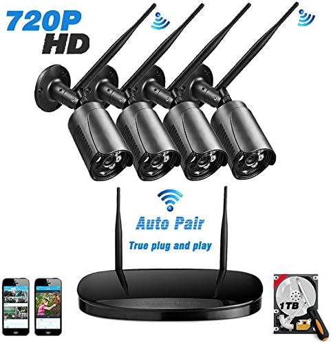 Wireless Outdoor Security Cameras System, 4 x 720P CCTV Cameras NVR Kit for Home Garden, Wifi Surveillance Camera Set for Indoor / Outdoor, IP Camera with 1TB HBB Pre-installed, Night Vision, Motion Sensor, IP66 Waterproof, Motion Sensor - Topgio (Black)