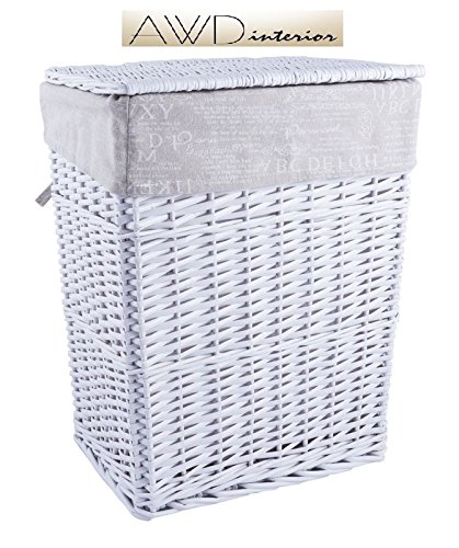Edler Schöner Eckiger Wäschekorb-Zierkorb mit Deckel-Aufbewahrungskorb-Stoffinlay-Shaby Design Farbe: Weiß Weide Landhaus Korb-Wäschebox--Maße: Größe:48.00 cm x 38.00 cm x 28.00 cm-Das ideale Geschenk!-AWD DESIGN -AWD02241215