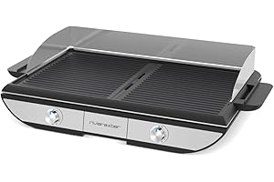 Riviera-et-Bar, QPL700, Elektrisches Grill, 2300 W, Kochfläche 53,5 x 33 cm, Platten aus Aluminiumguss, Antihaftbeschichtung, spülmaschinengeeignet, für 8 bis 10 Personen, schwarz/edelstahl