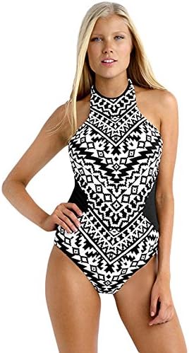 Monochrome Waved High Neck One Piece Maillot (Large, Monochrome Tribal)