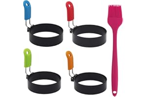 DOULEIN Anelli per Uova，4 Pcs Anello per Frittata Antiaderenti Stampi per Uova in Acciaio Inossidabile con Antiscottatura Manici Pieghevoli e Pennello, per Muffin, Pancake, Omelette