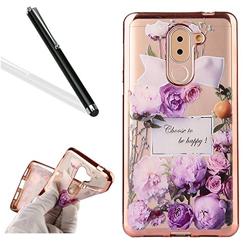 Huawei Honor 6X Case Cover with Free Black Stylus Pen,Leeook Luxury Elegant Beautiful Floral Purple Rose Flower Electroplate Plating Frame Crystal Soft Gel Silicone TPU Case Cover Bumper for Huawei Honor 6X