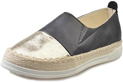 Women's Espadrilles Leather Slip on Metal Flats Shoes Pumps Casual Loafers Black White(Silver Gold) 35-39 Black Gold 38