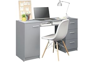 Madesa Mesa de Escritorio Ordenador con 3 cajones, 1 Puerta y 1 Estante, Mesa Moderna de Estudio para Oficina en Casa, 136 x 45 x 76 cm, Madera - Gris