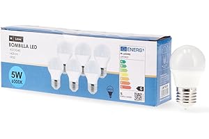 M Ledme - Pack 6, Bombilla Led E27 G45 5W, Luz fría (6000k), casquillo E27, 450 Lumen, IP20, Apertura del Haz de Luz 200°, Eficiencia energética y Bajo Consumo. LM7602