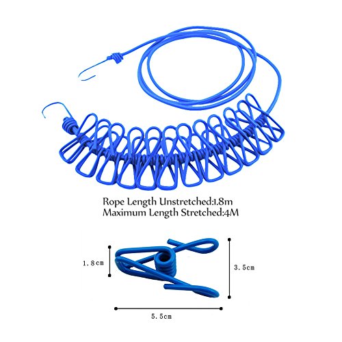 Aosbos 185-380cm Flexible Wäscheleine mit 12 beschichteten Klammern und 2 Haken für Reise, Camping, Hof, Hotel - 3