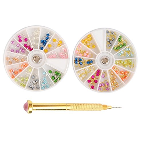 Born Pretty 3mm Colorful Beaded Ring Stud And Dotting Tool Set For Acrylic UV Gel Nail Art