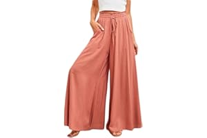 Osheoiso Pantalon Femme Élégant Pantalon Couleur Unie Taille Elastique Grande Taille Casual Pantalon avec Poches Léger Élastique pour Eté Jambe Large Palazzo Pantalons
