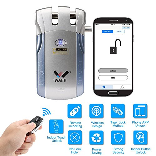 WAFU WF-010U Cerradura Inalámbrica Inteligente Cerradura Invisible Cerradura Control Remoto Desbloqueo de iOS Android APP con 4 Control Remotos, Azul + Plata
