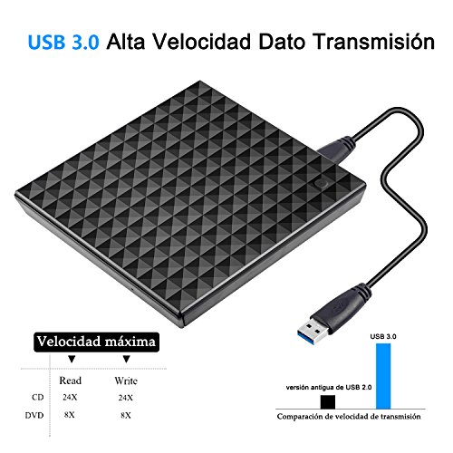 Grabadora CD DVD Externa  Deepow Unidad de CD DVD lector de CD Externa Port  til con USB 3 0  Quemador Drive con Cable de Datos y Cable de Alimentaci  n para Windows 7   8   10  MAC OS y otra Sistema
