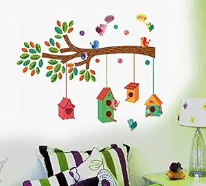 Decals Design Bird House on a Branch Wall Sticker (PVC Vinyl, 70 cm x 25 cm, Multicolour)