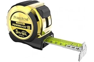 Komelon MPT57EG PowerBlade II – 5m/16ft dual-printed hi-vis blade, nylon coated for durability, magnetic end hook, ergonomic ABS case with rubber grip. EC Class II accuracy.