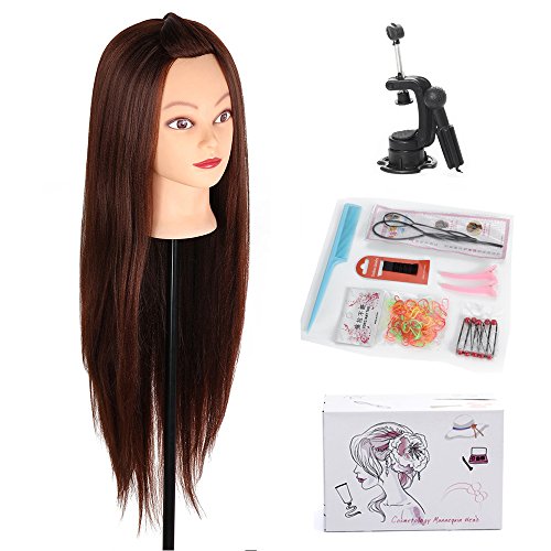 75cm Brown Hair Professional Hairdressing Training Mannequin Head 100% Synthetic Hairdresser Training Head Model with Clamp Stand