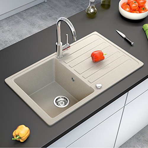 Spüle Granitspüle Küchenspüle Einbauspüle Auflage 760 x 460 mm + Drehexcenter + Siphon Spülbecken reversibel (Beige) - 4