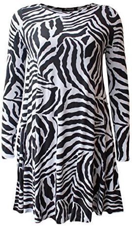 New Womens Ladies Printed Long Sleeve Swing Skater Dress Plus Size 8-26 (XXXL(24-26), Zebra)