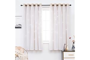 QINUO HOME Thermal Star Curtains - Eyelet Curtains with Voile Natural Curtains, Thermal Insulated Star Cutout Nursery Curtains for Boys & Girls Bedroom, 2 Panel Sets, 46 x 54 Inch, Natural