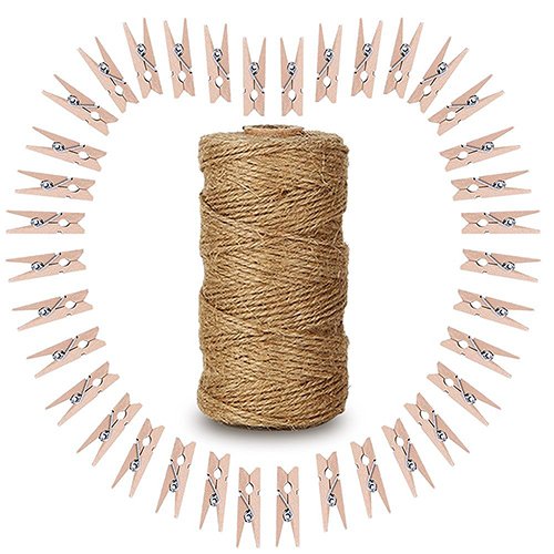 G2PLUS Holzwäscheklammer 100 Stk Wäscheklammer Klammern für Fotopapier Kleiderroller mit 100 M Jute Twine Perfekt für DIY-Liebhaber