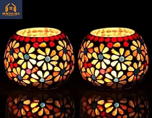TRIOHOMES Mosaic Glass Candle Votive T Light Holder Home Decor Lighting with Tea Light Red Floral Design set of 2 Attractive Look - Home Decoration, Dining Table, Diwali, Christmas, Hotel, Party, Room