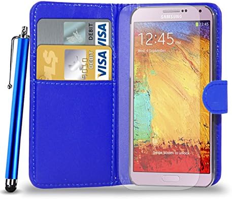Samsung Galaxy Note 3 Leather Wallet Flip Case Cover Pouch &amp; Touch Stylus Pen + Screen Guard &amp; Cleaning Cloth - BLUE
