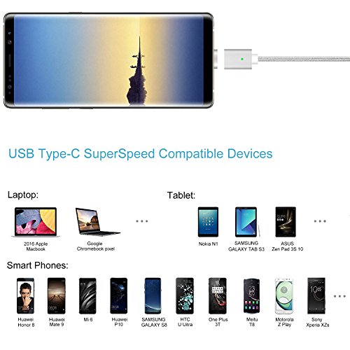 USB C Cable Magn  tico  TUOYA Magn  tico Nylon Fast Cargador y de datos USB de tipo C 3 0 con Conector Reversible para el Nuevo Apple MacBook 12   MacBook Pro  ChromeBook Pixel  Nokia N1 Tablet  Samsung Galaxy S8   A3 2017   A5 2017 Huawei P9   P9 Plus   Honor 8   Mate 9  2xPlata 