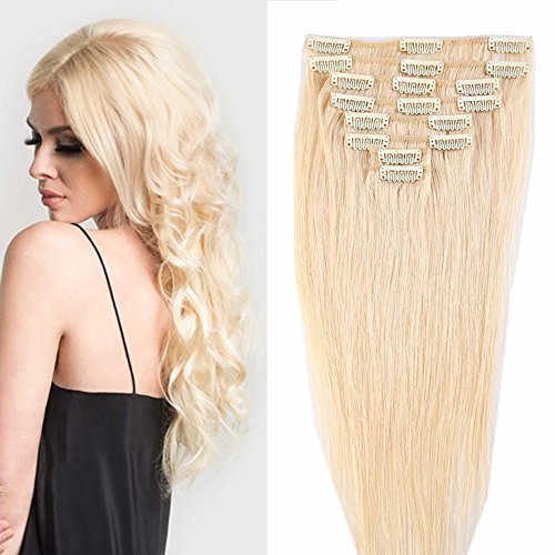 S-noilite 16" 18" 20" 22" 8PCS Clip In Human Hair Extensions 100% Remy Real Human Hair Straight Full Head Set for Women Beauty (16"-65g, #613 Bleach Blonde)