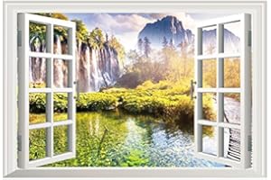 HALLOBO XXL Adesivo da Parete 3D Finestra Montagna Lago Scenario Campagna murale Soggiorno Camera da Letto Decorazione Immagine da Parete