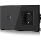 BSEED Touch Switch and Wall Plug,Glass Panel with LED Push Button,Modern Switch,Without Wifi Function,1 Gang 1 Way+1 Socket,1