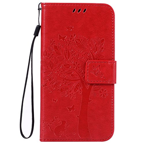 Coque pour Samsung Galaxy J3 (2016) / J3 ,Housse en cuir pour Samsung Galaxy J3 (2016) / J3 ,Ecoway Arbre à chat motif papillon de gaufrage étui en cuir PU Cuir Flip Magnétique Portefeuille Etui Housse de Protection Coque Étui Case Cover avec Stand Support Avec des Cartes de Crédit Slot et Fonction Support pour Samsung Galaxy J3 (2016) / J3 - red