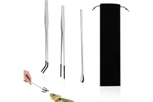 RFYTDCF 3 Teiliges Set Aquarium Pinzette Lang, 27 cm Edelstahl Lange Pinzette und 22,5 cm Lange Löffel Gerade Und Gebogen Futterwerkzeug mit Gummispitze Aquascaping Set für Füttern und Reinigen