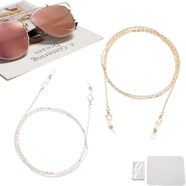 LIKGREAT Chaîne de lunettes en perles de cristal pour masque facial Cordon de fixation pour lunettes de lecture, Bleu, doré, Grand