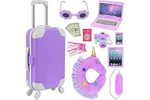 ZITA ELEMENT 16 pcs Doll Accessories Suitcase Travel Luggage for 18 Inch Carrier,Sunglasses Camera Computer Phone Pad Pillow Blindfold Passport Tickets Cashes(Doll Is Not Included)