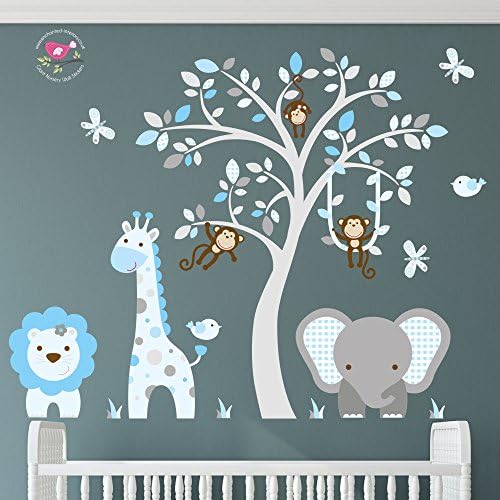 Safari Wall Stickers featuring Giraffe, Elephant, Lion and Monkeys around a Grey Tree Mural. Blue and Grey Nursery Wall Decals