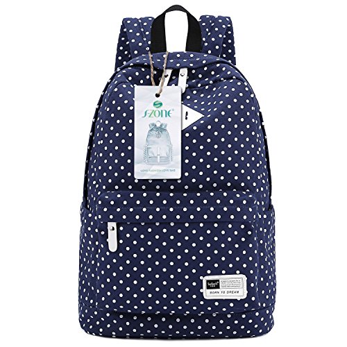 S-ZONE Lightweight Casual Daypack Canvas Polka Dot Backpack 14"-15" Laptop