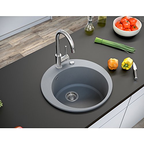 Spüle Granitspüle Küchenspüle Einbauspüle Auflage rund Ø 505 mm Spülbecken + Drehexcenter + Siphon (Grau (202)) - 5