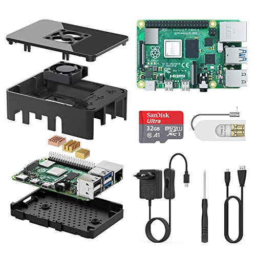 TICTID Raspberry Pi 4 Modelo B 1GB Starter Kit, Versión Actualizada de Raspberry pi 3 con Tarjeta MicroSD de 32GB, Adaptador tipoC 5V 3A con Interruptor, Ventilador, Estuche y Lector de Tarjetas, etc