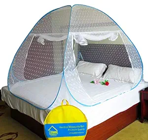 Verdioz With Device White Embroidery Poly Cotton Foldable Mosquito Net (Double Bed) With 3 Saviours - Blue